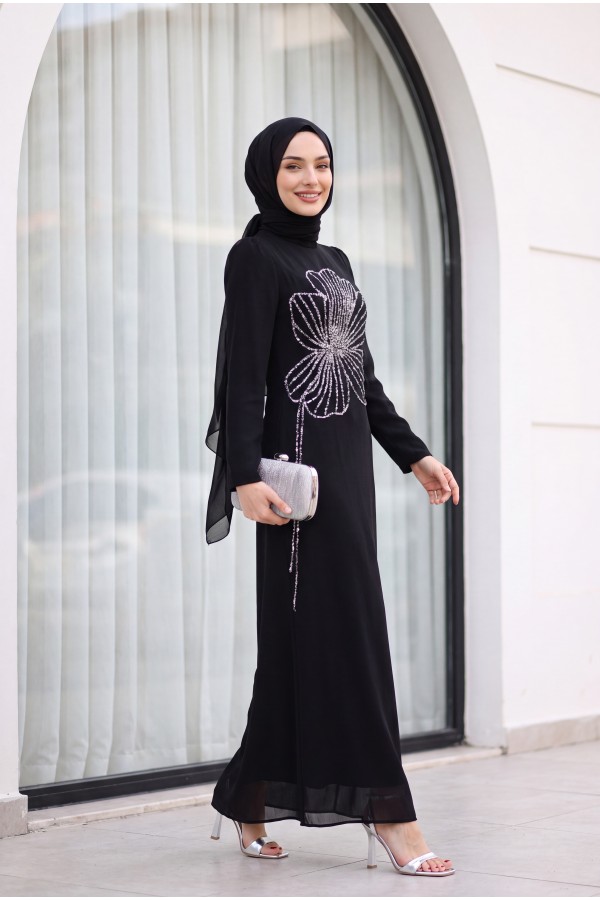 Yonca Taş Desenli Dik Yaka Krep Abiye -Siyah