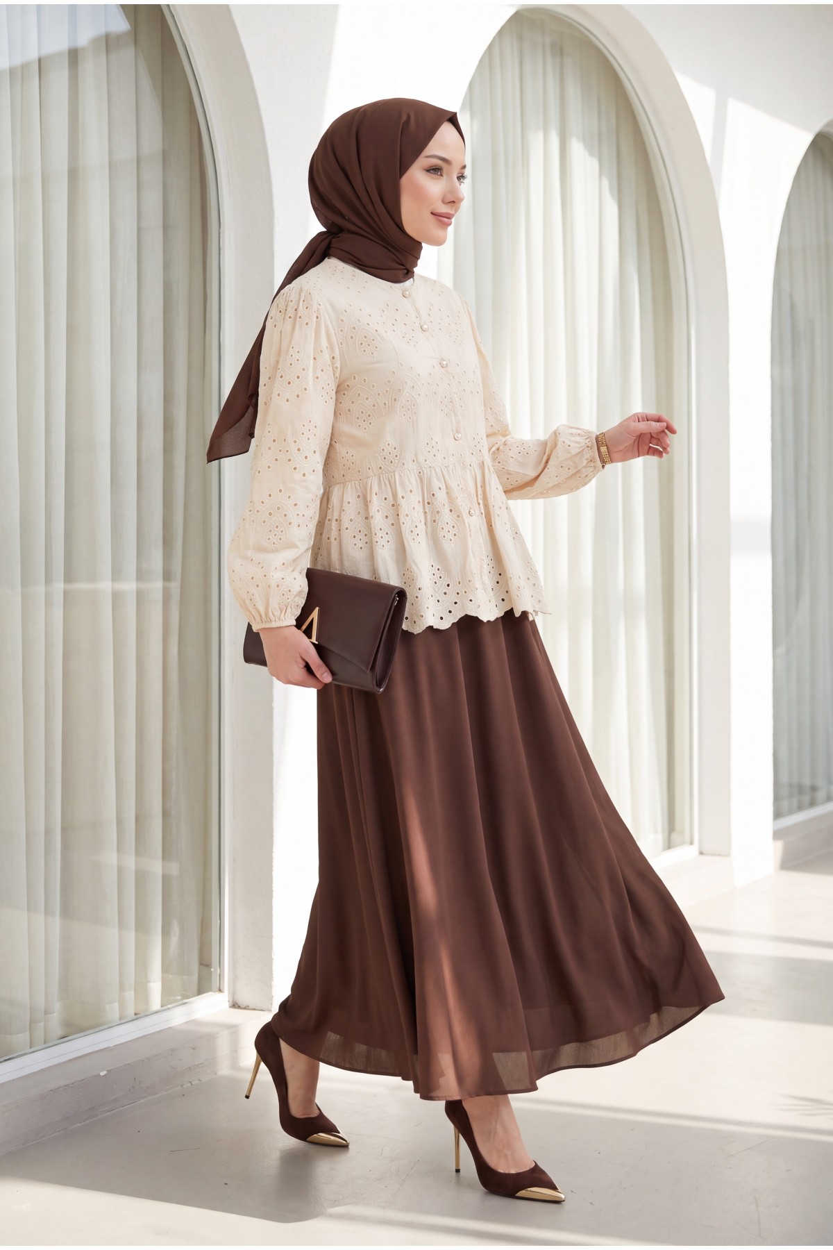 Elastic Sleeve Openwork Buttoned Lined Shirt - Beige