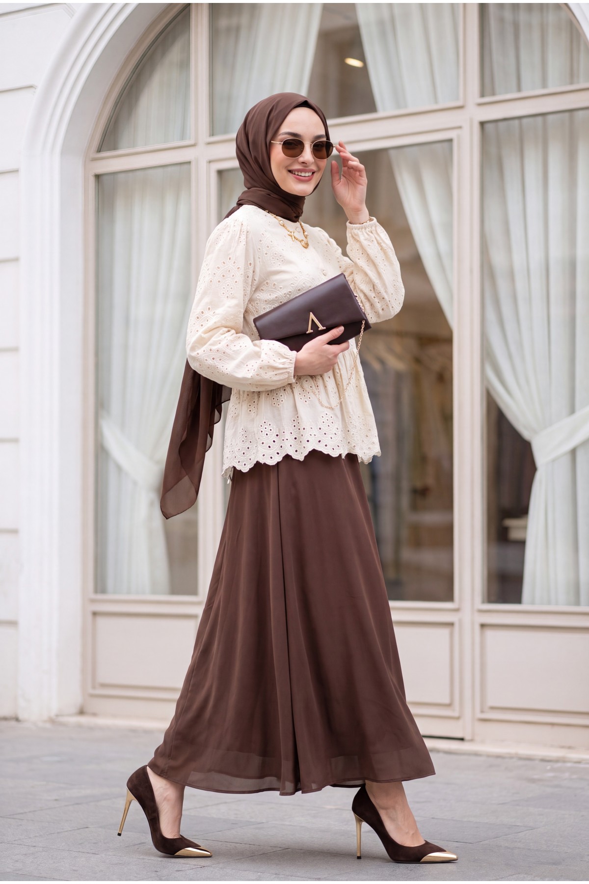 Elastic Sleeve Openwork Buttoned Lined Shirt - Beige