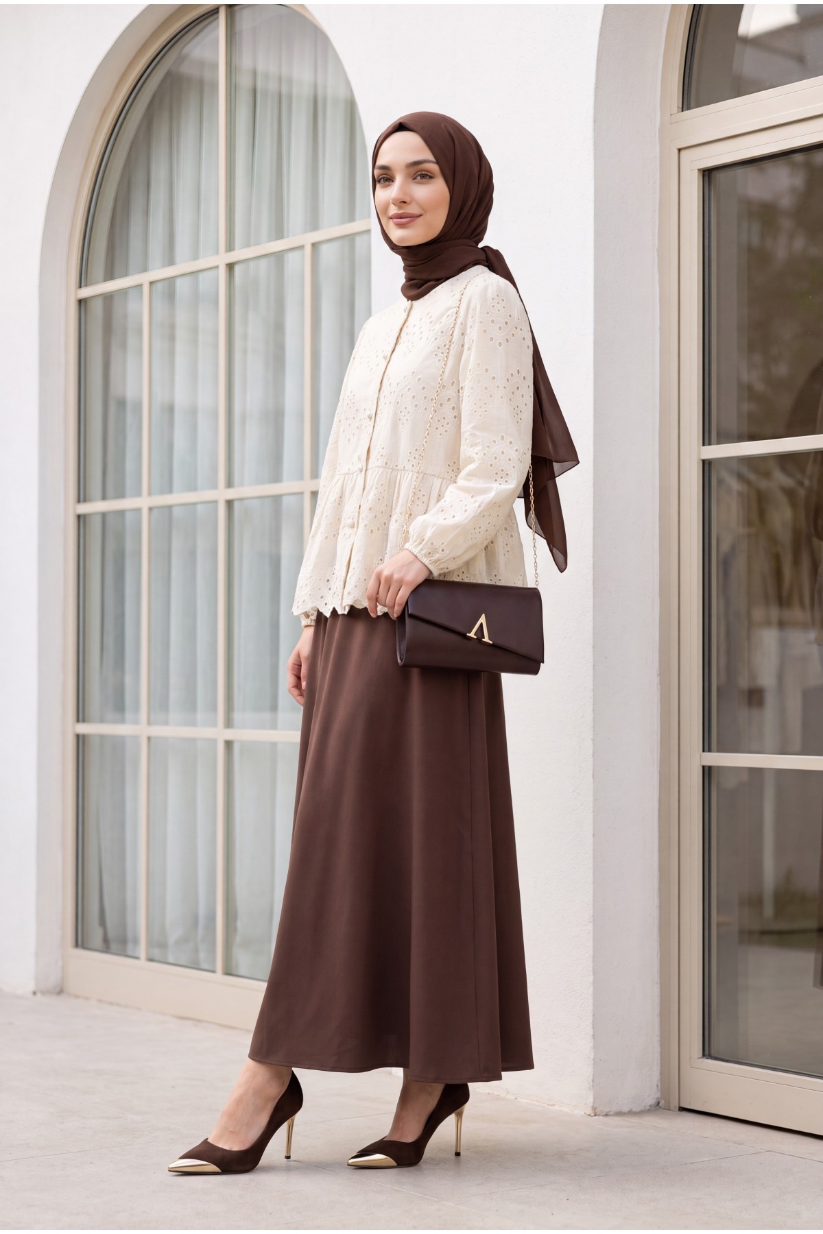 Elastic Sleeve Openwork Buttoned Lined Shirt - Beige