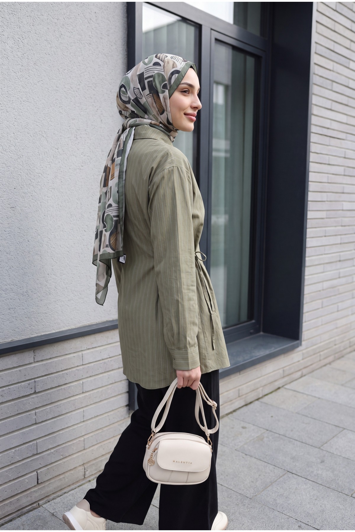 Modal Tunic with Side Laces and Striped Buttons -Khaki