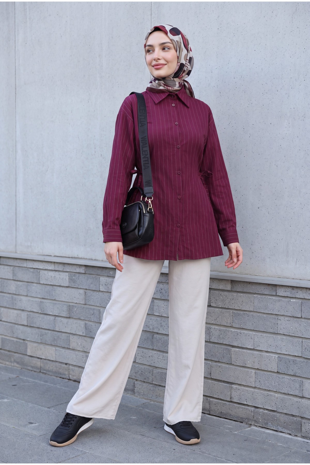 Modal Tunic with Side Laces and Striped Buttons -Maroon