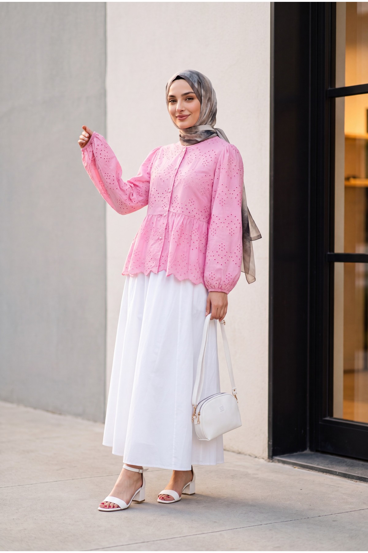 Elastic Sleeve Openwork Buttoned Lined Shirt  -Pink