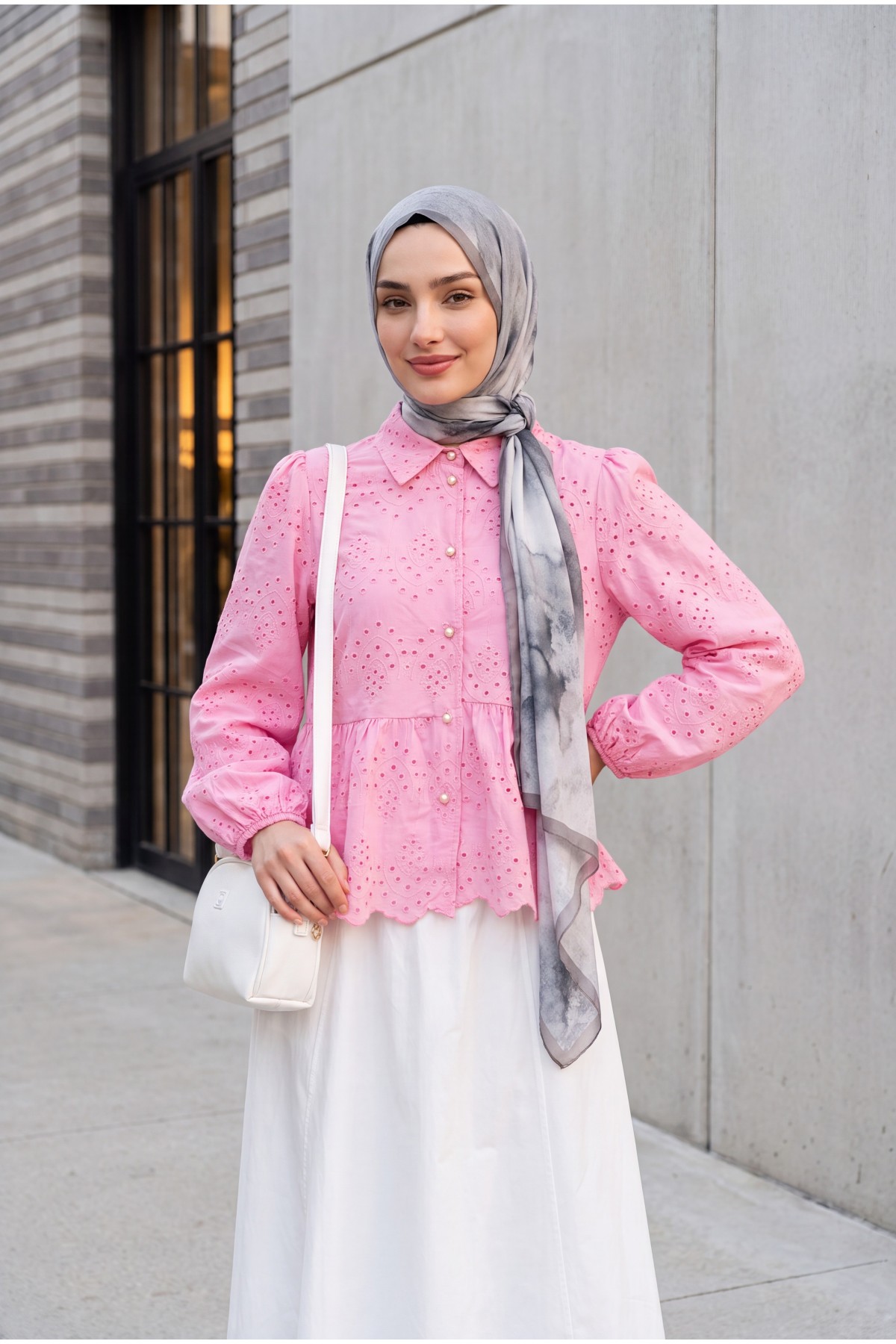 Elastic Sleeve Openwork Buttoned Lined Shirt  -Pink