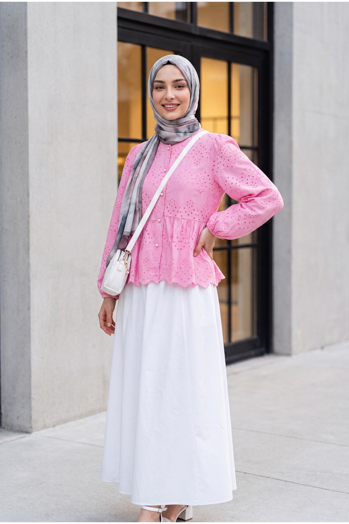 Elastic Sleeve Openwork Buttoned Lined Shirt  -Pink