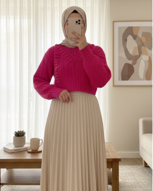 Embossed Patterned Openwork Knitted Sweater -Fuchsia