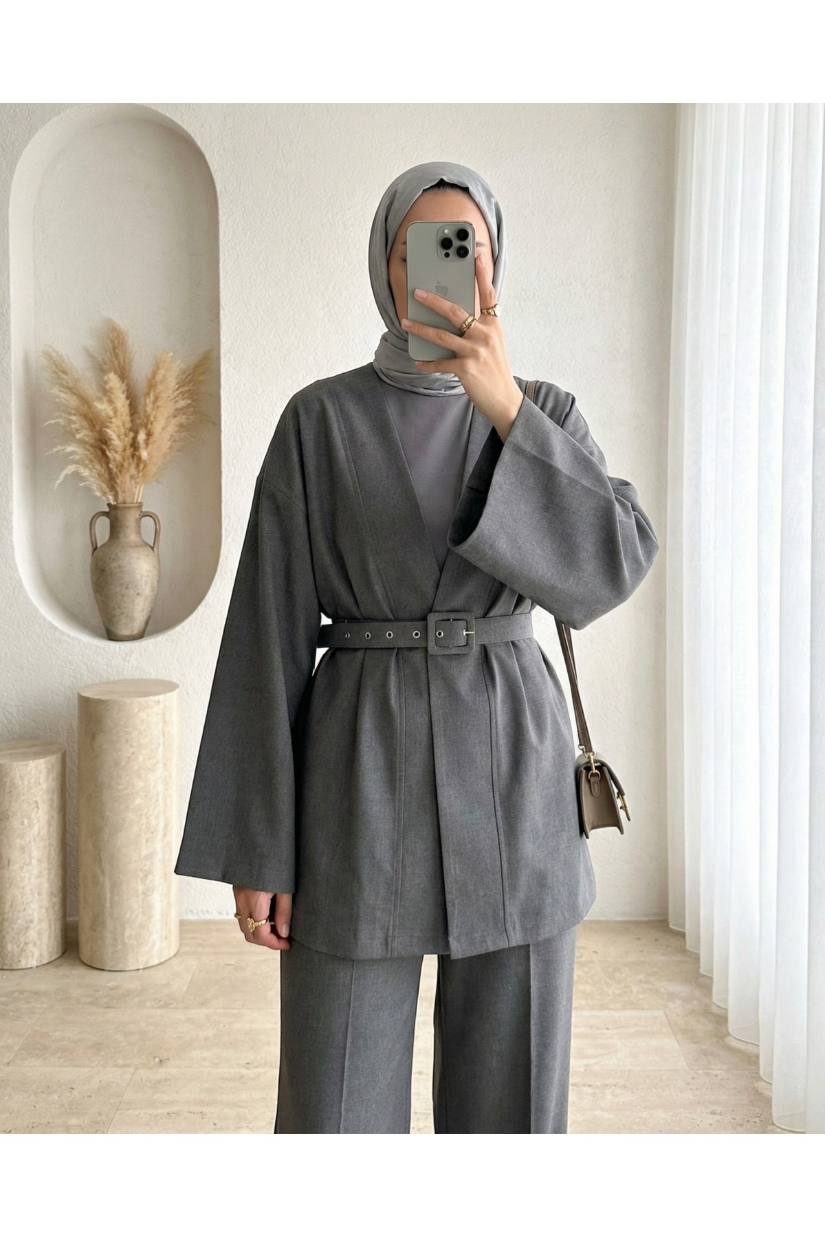 Kemerli Pantolonlu Kimono Takım  -Füme