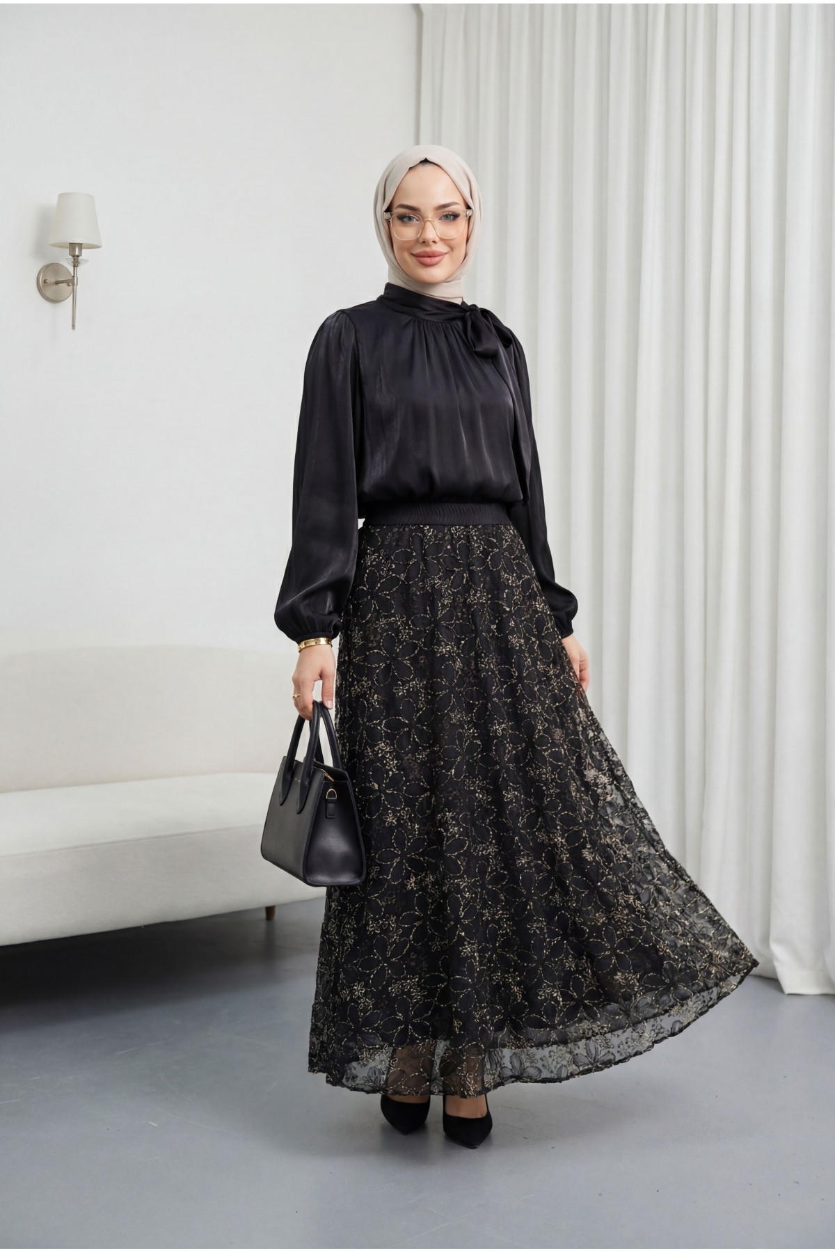 Sequined Skirt, Lined, Tie-Neck, Elasticated Sleeves, Shimmering Suit -Black