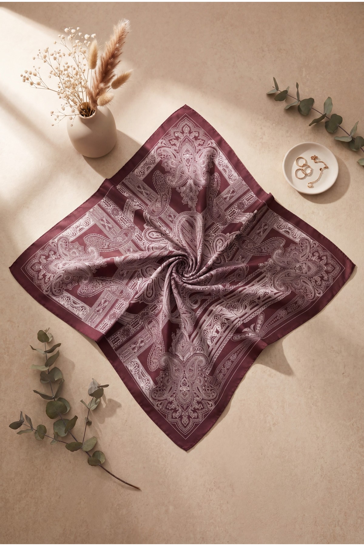 Eskiz Desenli Rayon Eşarp -Mürdüm