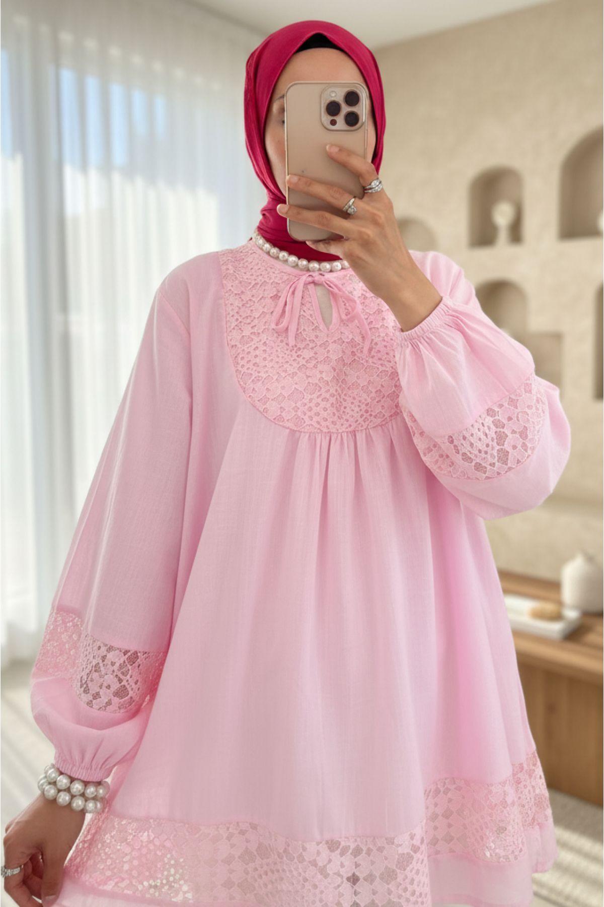 Dantel Detaylı Yakası Bağlamalı Kolu Lastikli Gömlek -Pembe