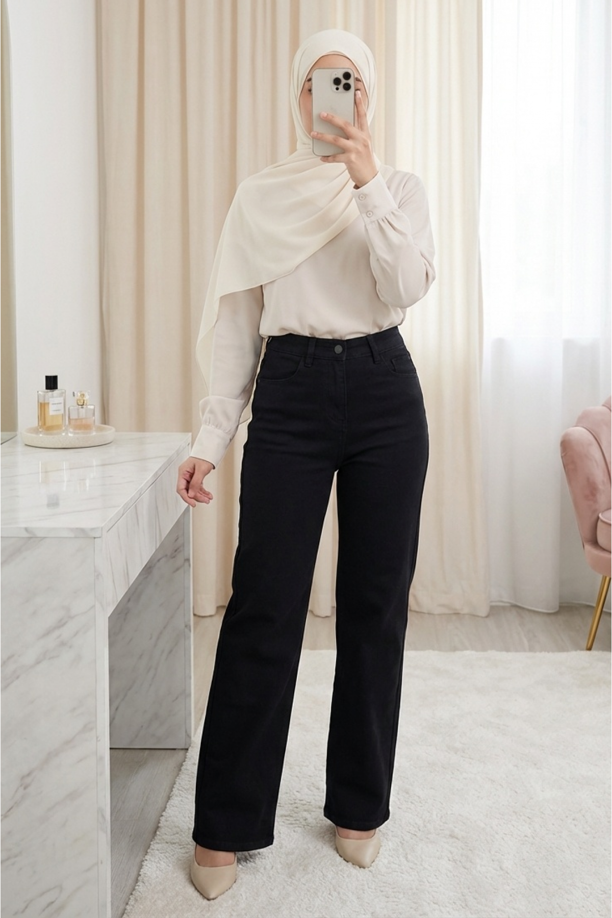 Palazzo Jeans with Pockets and Zipper -Black