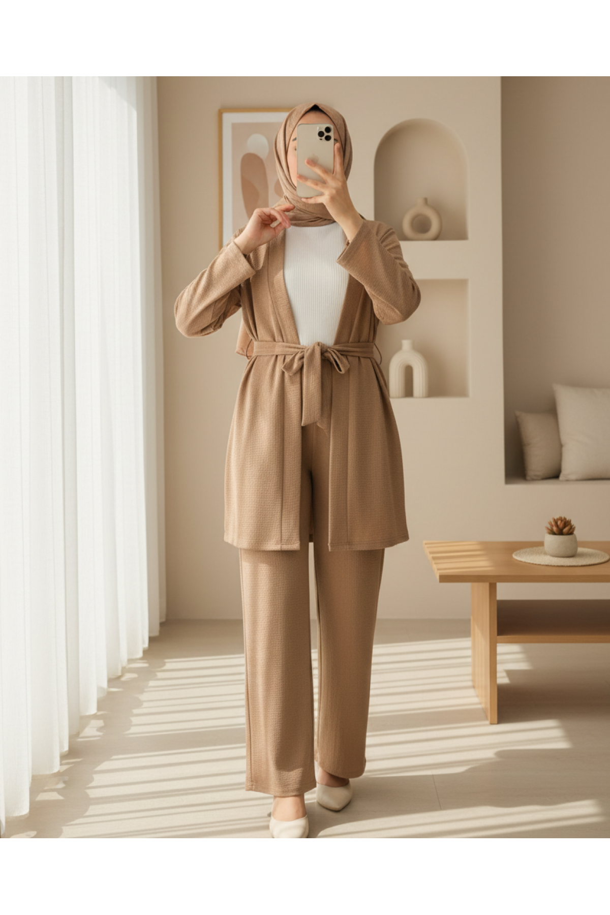 Yan Cepli Beli Kemerli Uzun Kol Pantolonlu Krinkıl Kimono Takım -Vizon