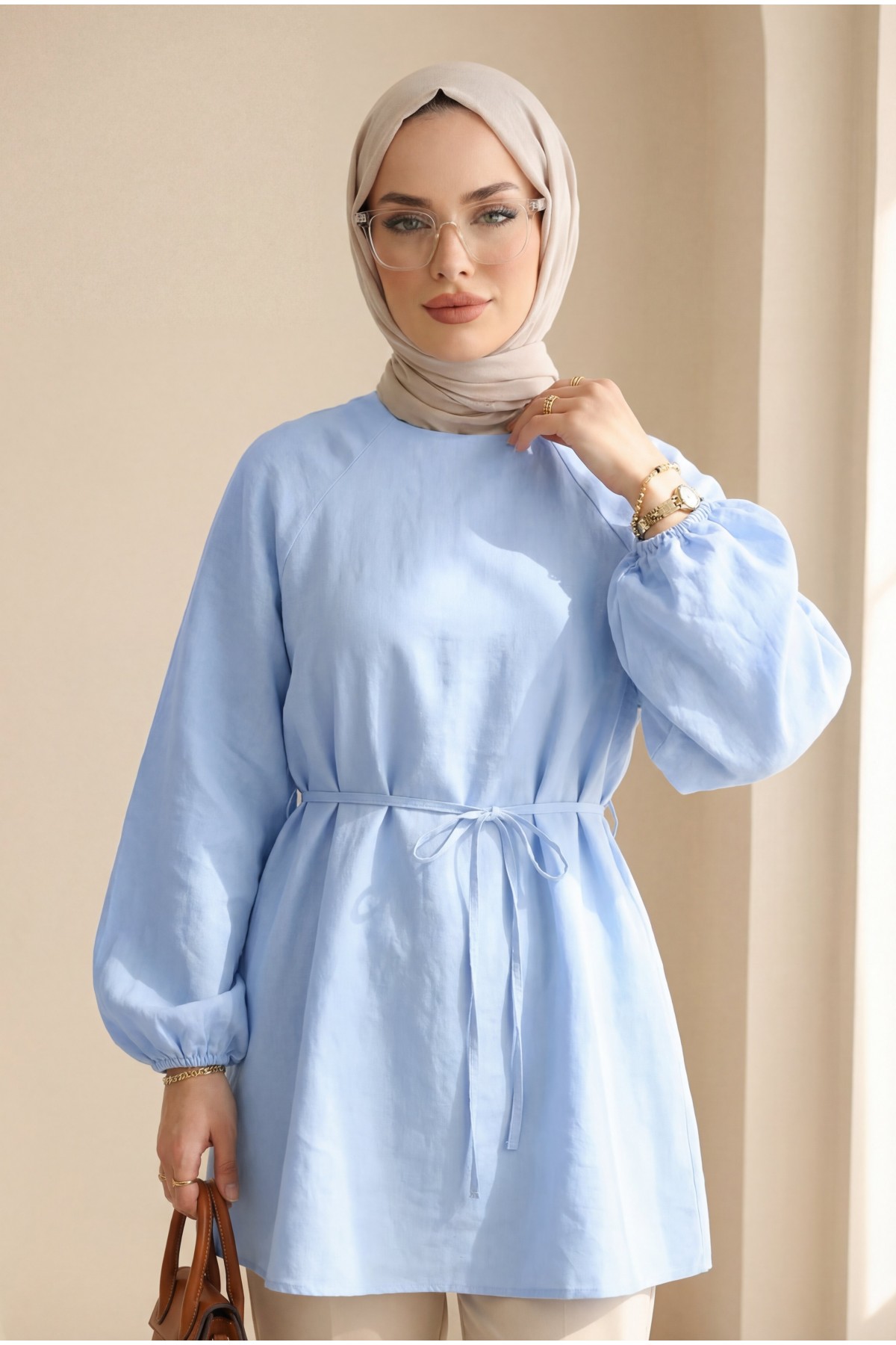 Round Neck Tied Waist Balloon Sleeve Tunic  -Baby Blue