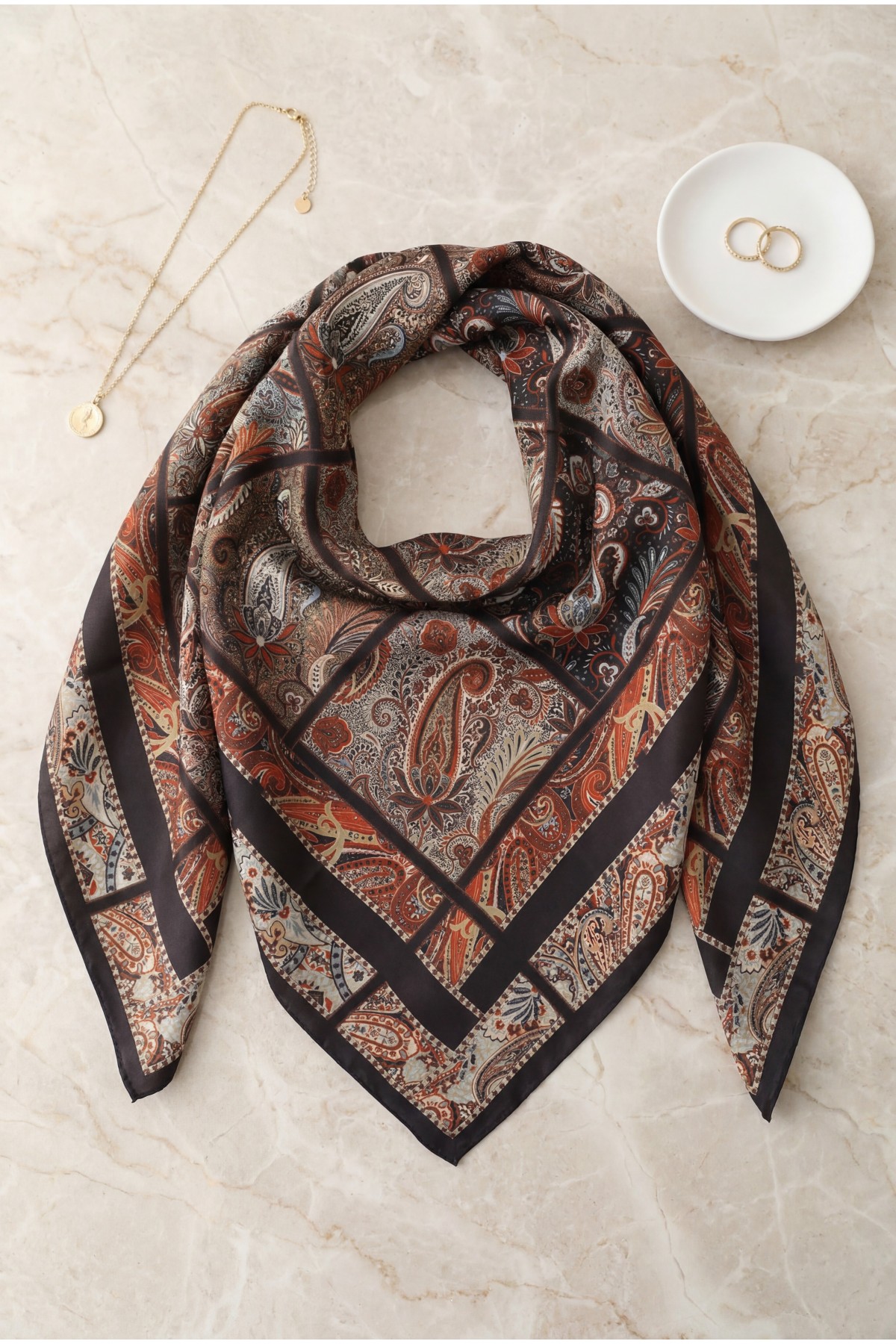 Geometrik Çerçeveli Rayon Eşarp -Kiremit