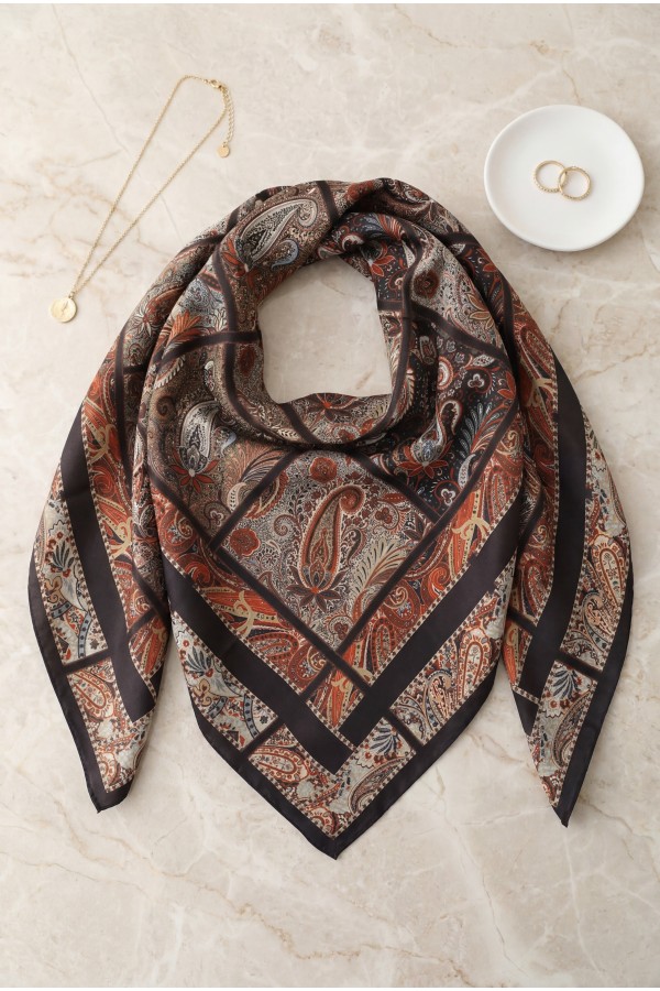 Geometrik Çerçeveli Rayon Eşarp -Kiremit