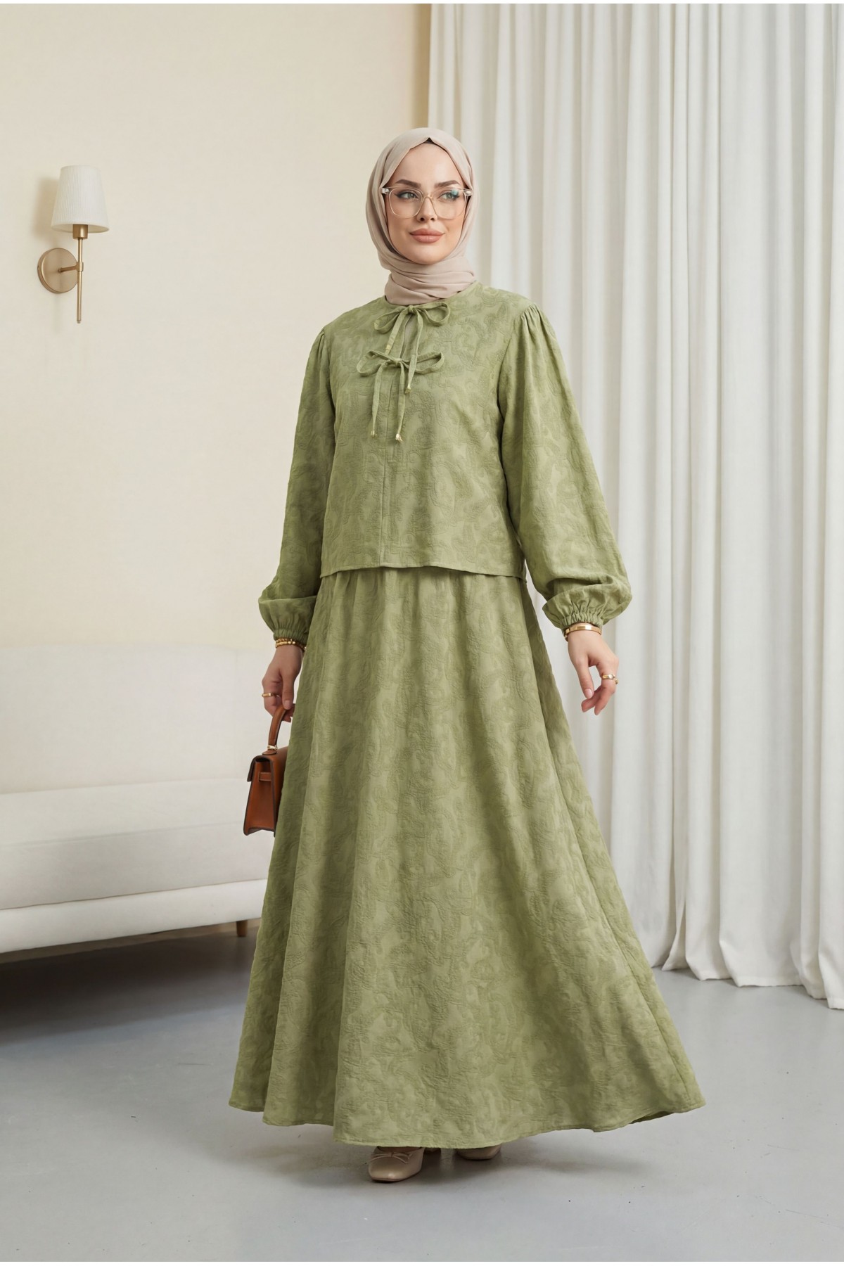 Jacquard Suit with Elasticated Sleeves, Tie-Collar and Skirt -Cagla Green