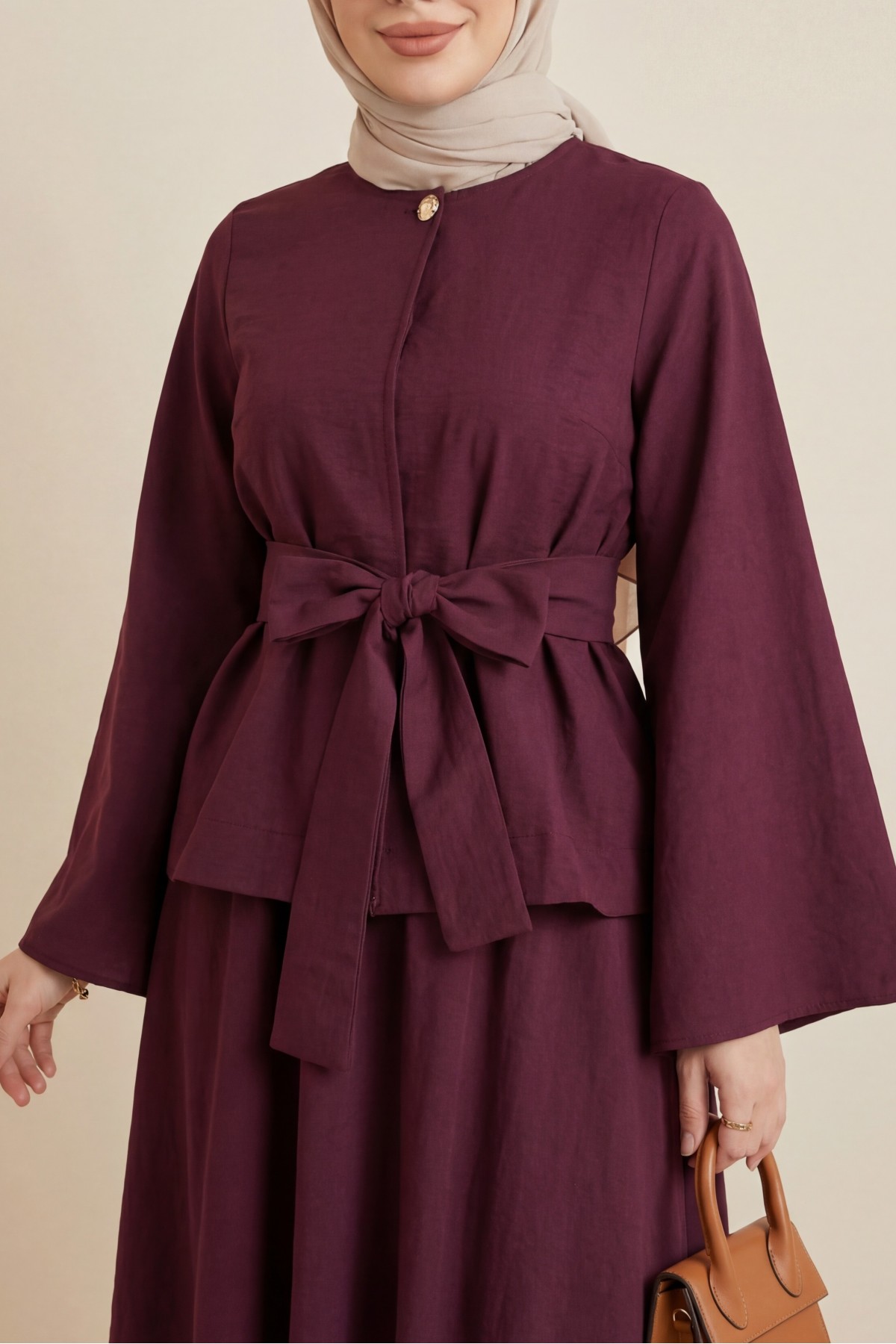 One-Button Belted Skirt Two-Piece Set -Maroon