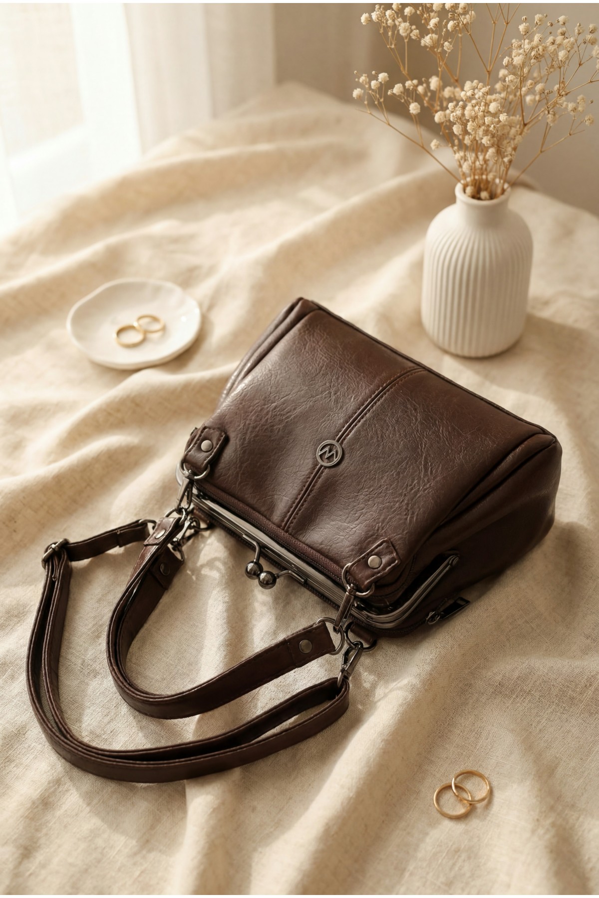 Vintage Design Functional Multi-Compartment Shoulder Bag -Dark Coffee