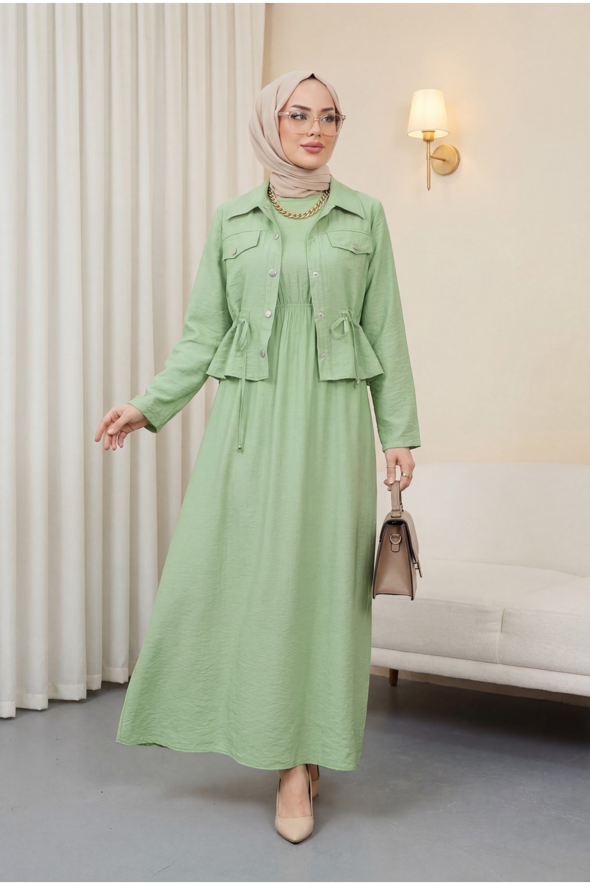 Metal Buttoned Waist Tied Shirt Vest Dress -LIGHT GREEN