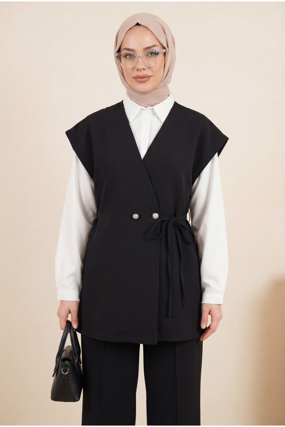 Button Detail Double Lace-up Vest and Trousers Double Crepe Set -Black