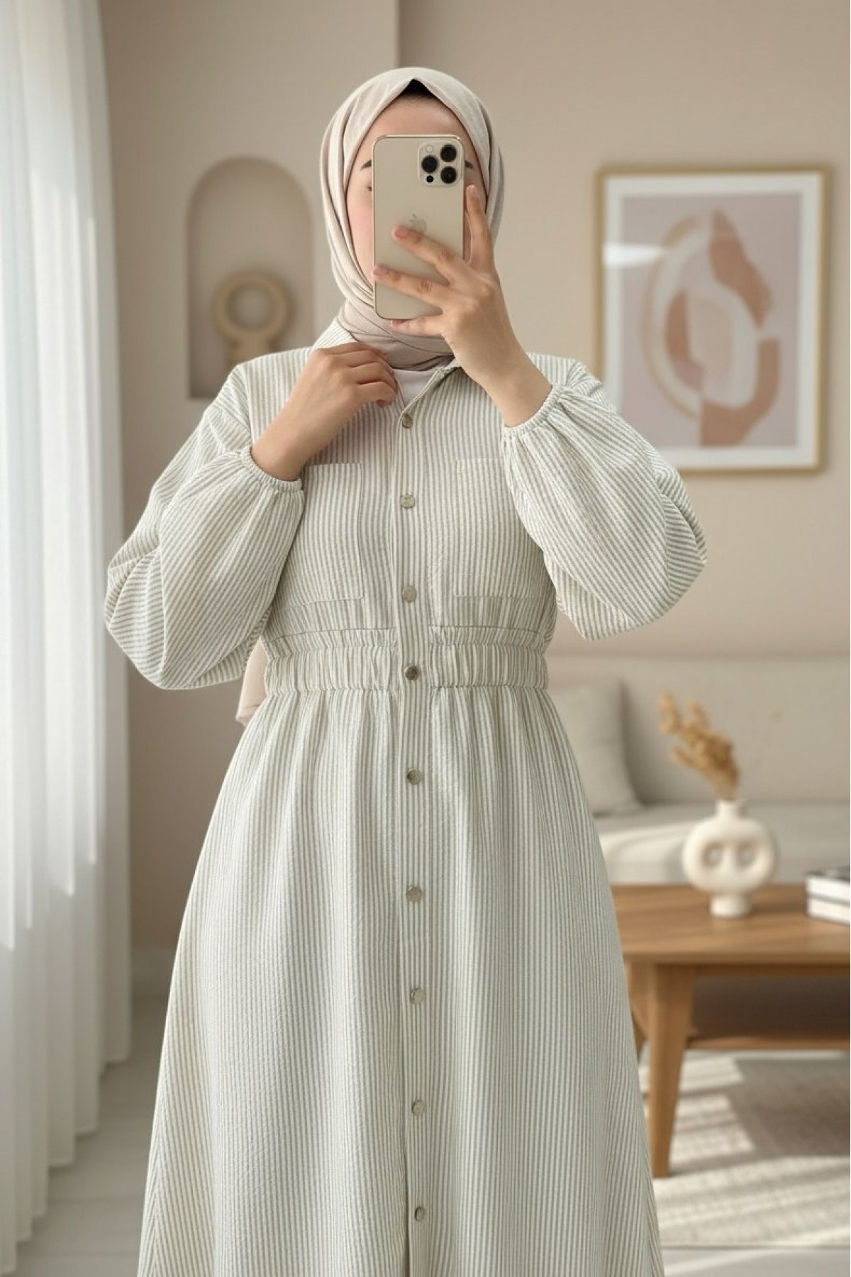 Striped Dress with Elastic Waist and Buttons - Beige