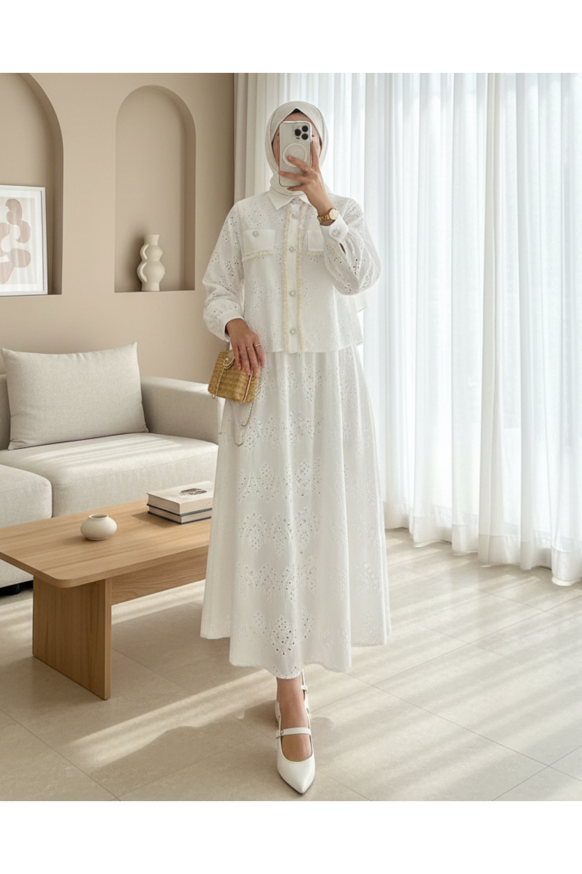 Tassel Detailed Pearl Buttoned Skirt Suit -White