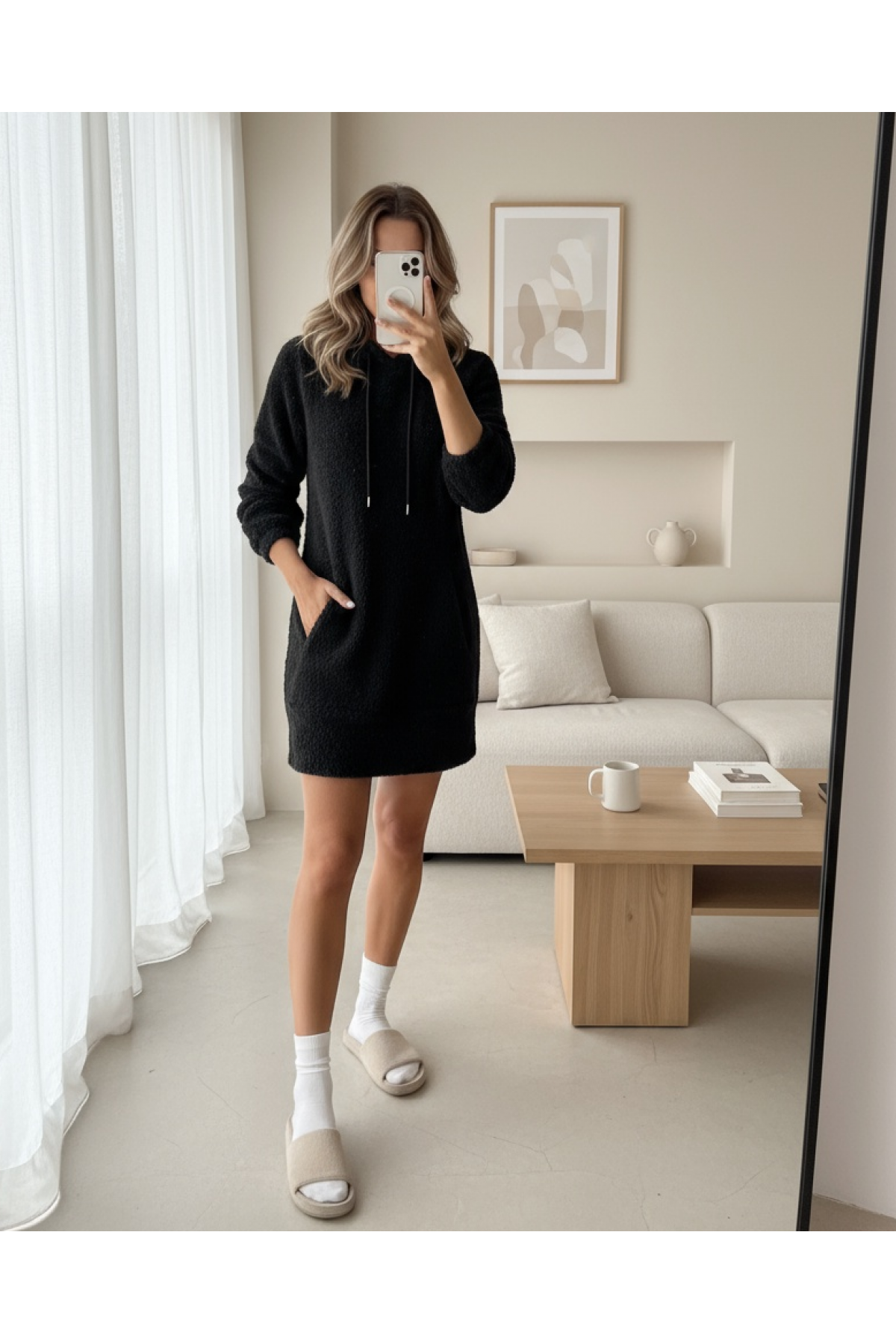 Women's Long Sleeve Hooded Pocket Mini Plush Dress