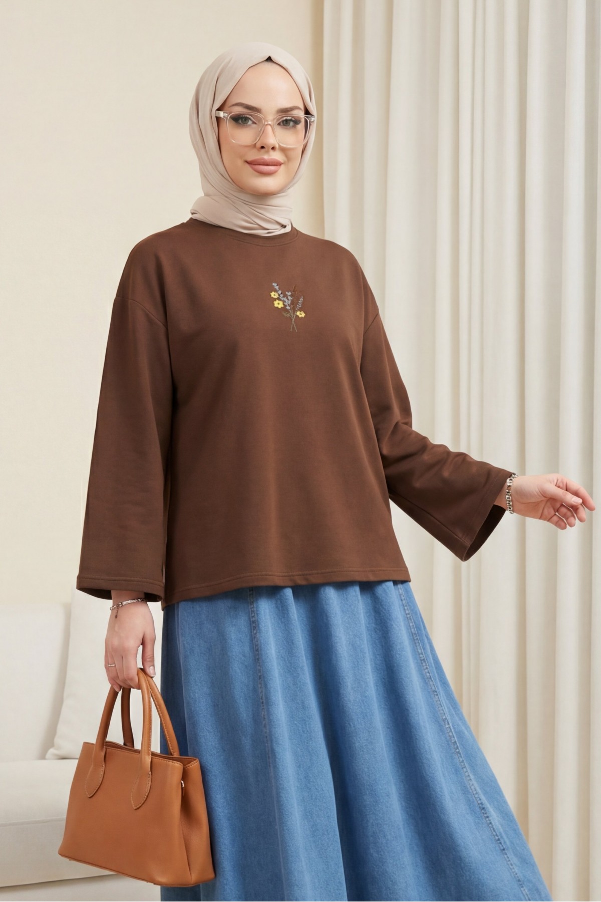 Round Neck Loose Fit Jersey Blouse with Floral Embroidery on the Front -Brown