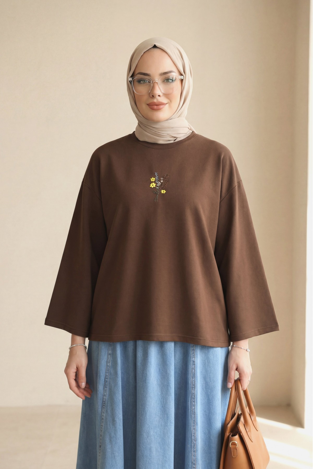 Round Neck Loose Fit Jersey Blouse with Floral Embroidery on the Front -Brown