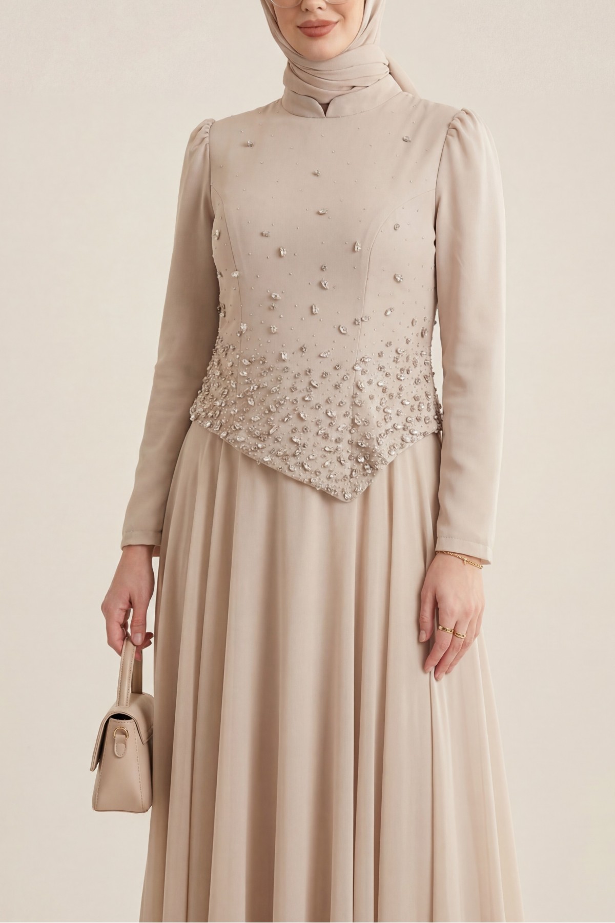 Asymmetrical Top, Chiffon Evening Dress with Scattered Stones -Stone