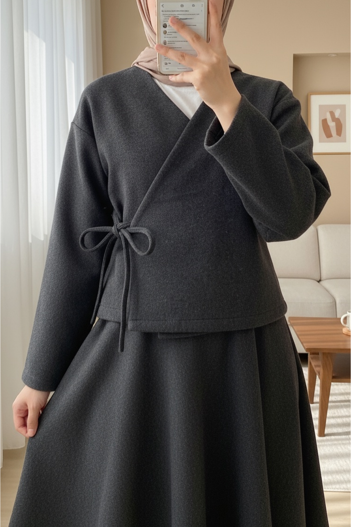 Tied Front Skirted Cashmere Kimono Set -Anthracite