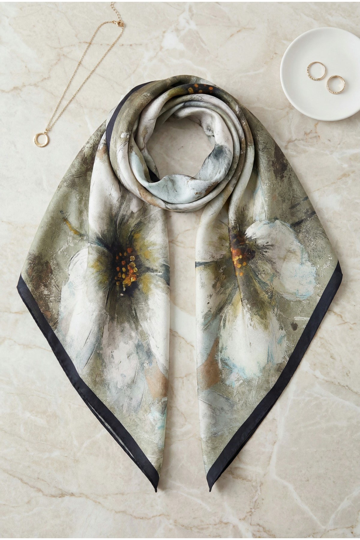 Baskı Efektli Rayon Eşarp -Haki