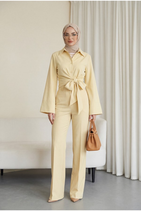 Belted Waist Spanish Sleeve Poplin Shirt Blouse -Yellow