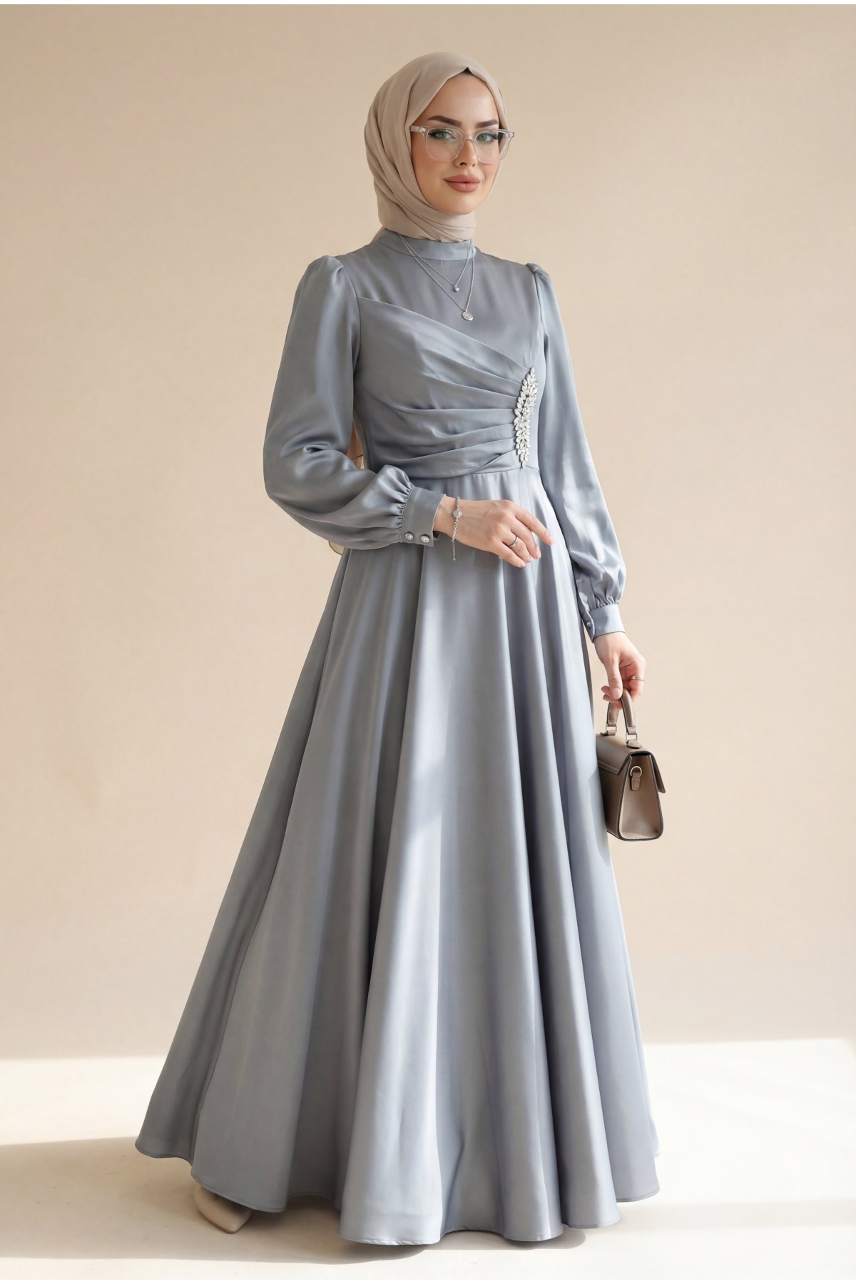 Satin Dress with Draped Front and Stone Embellishments -Silver