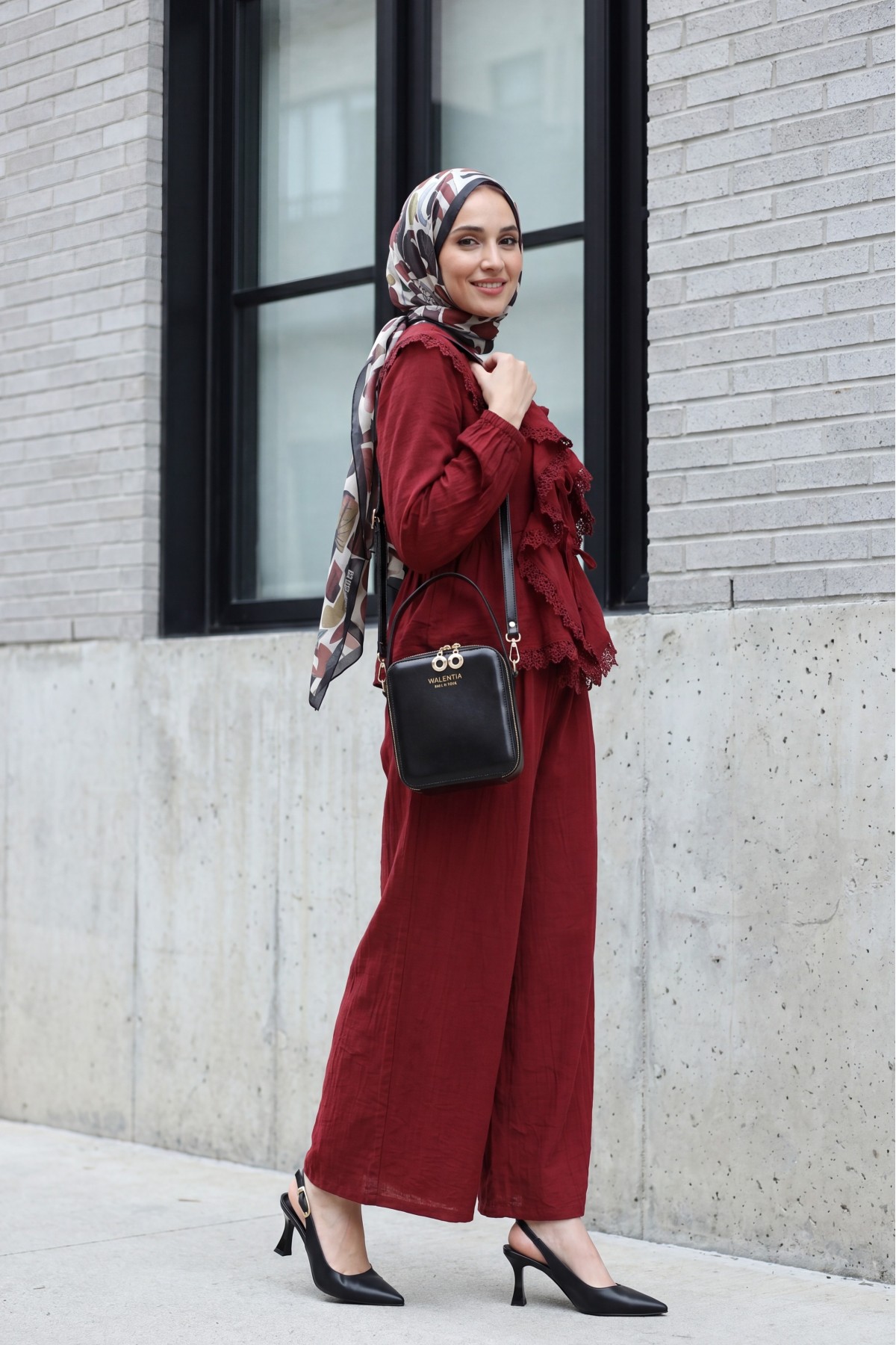 Strawberry Set with Lace Detail and Front Tie-Up Pants -Maroon