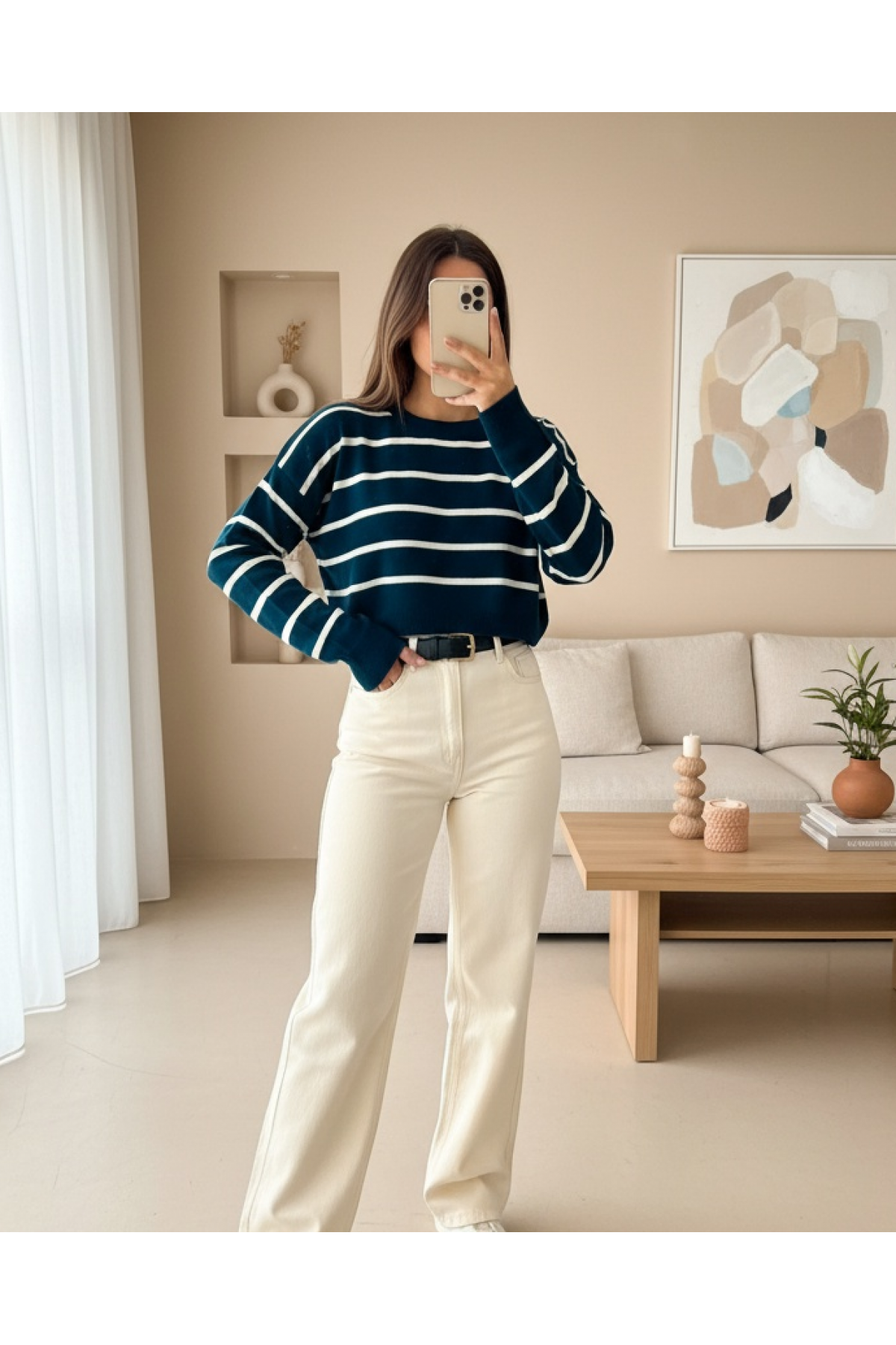 İnce Çizgili Crop Triko Kazak -Laci