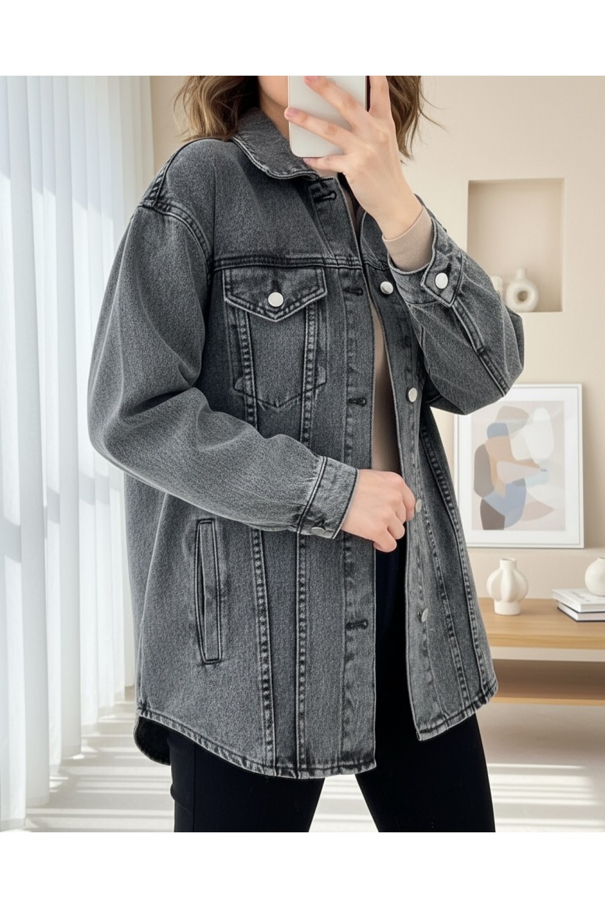 Button down Denim Jacket with Pockets -Smoked 