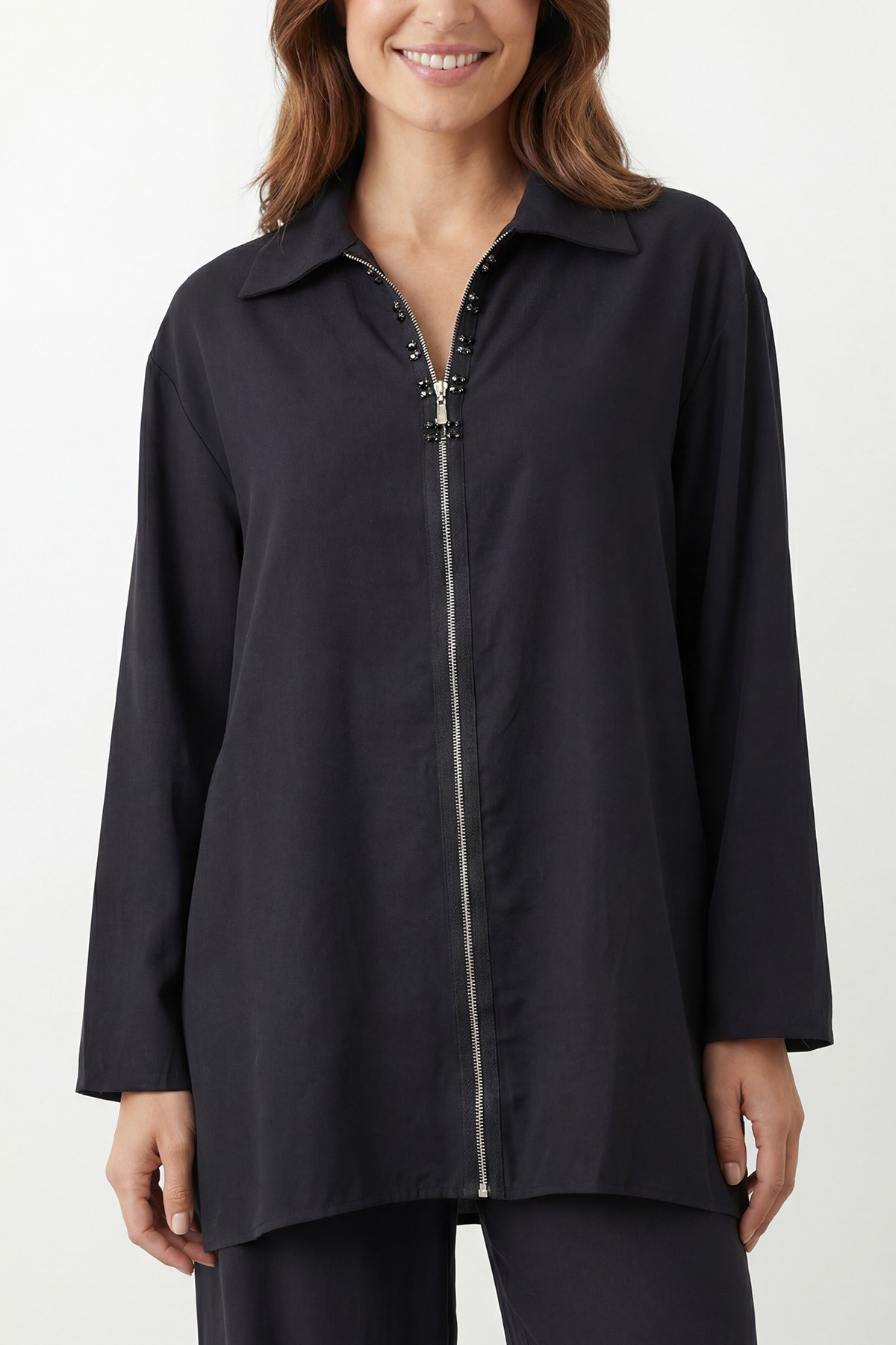 Women's Shirt Collar Zip-Up Tunic and Pants Set – 14446TKS