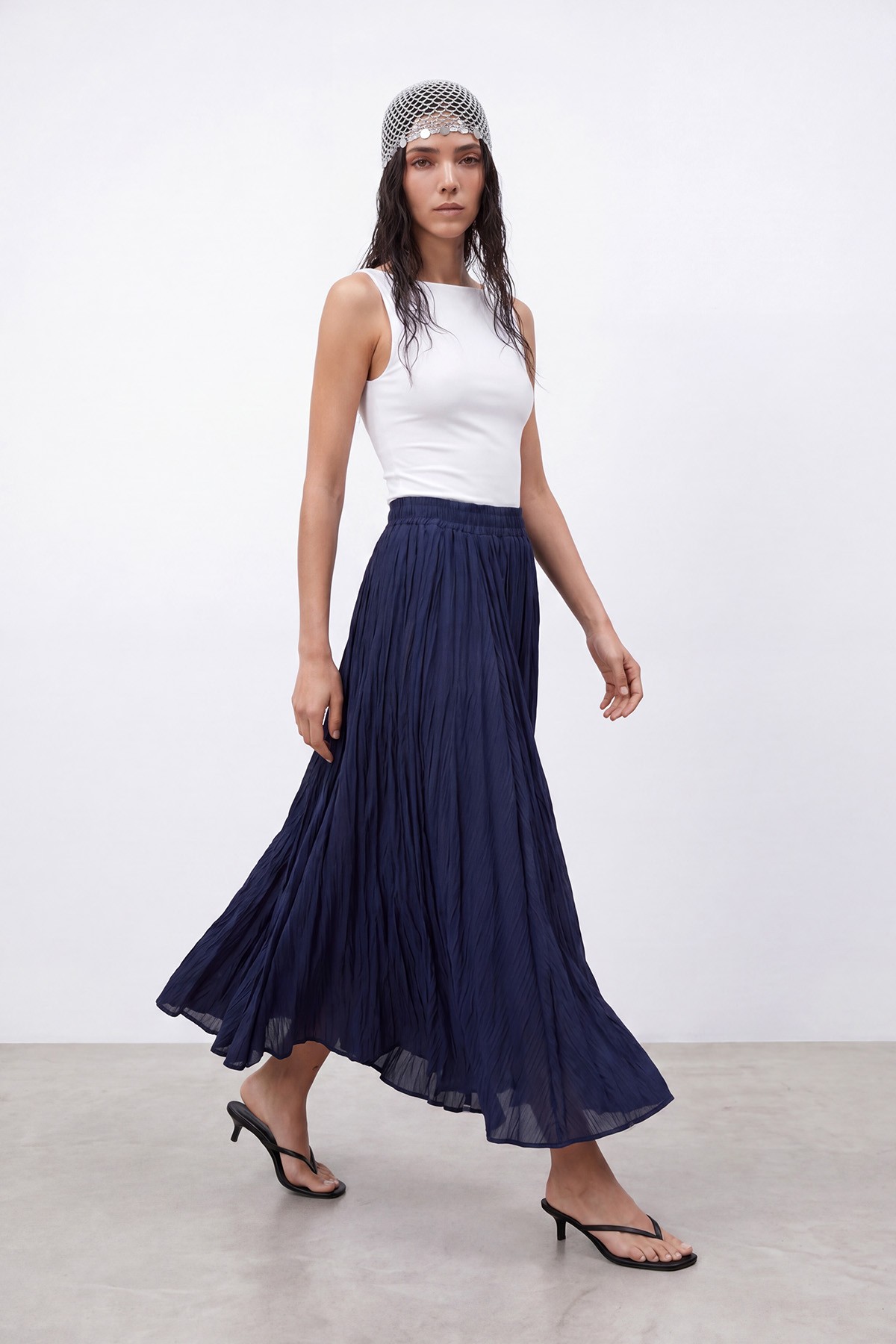 Women's Elastic Waist Crinkle Maxi Skirt 