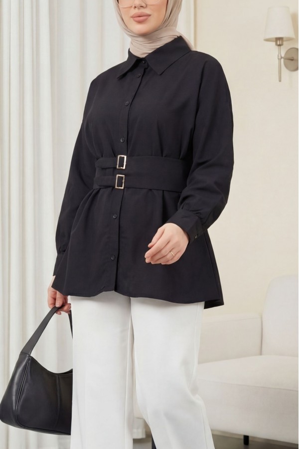 Cupra Shirt with Double Buckle Elastic Belt and Button Front -Black