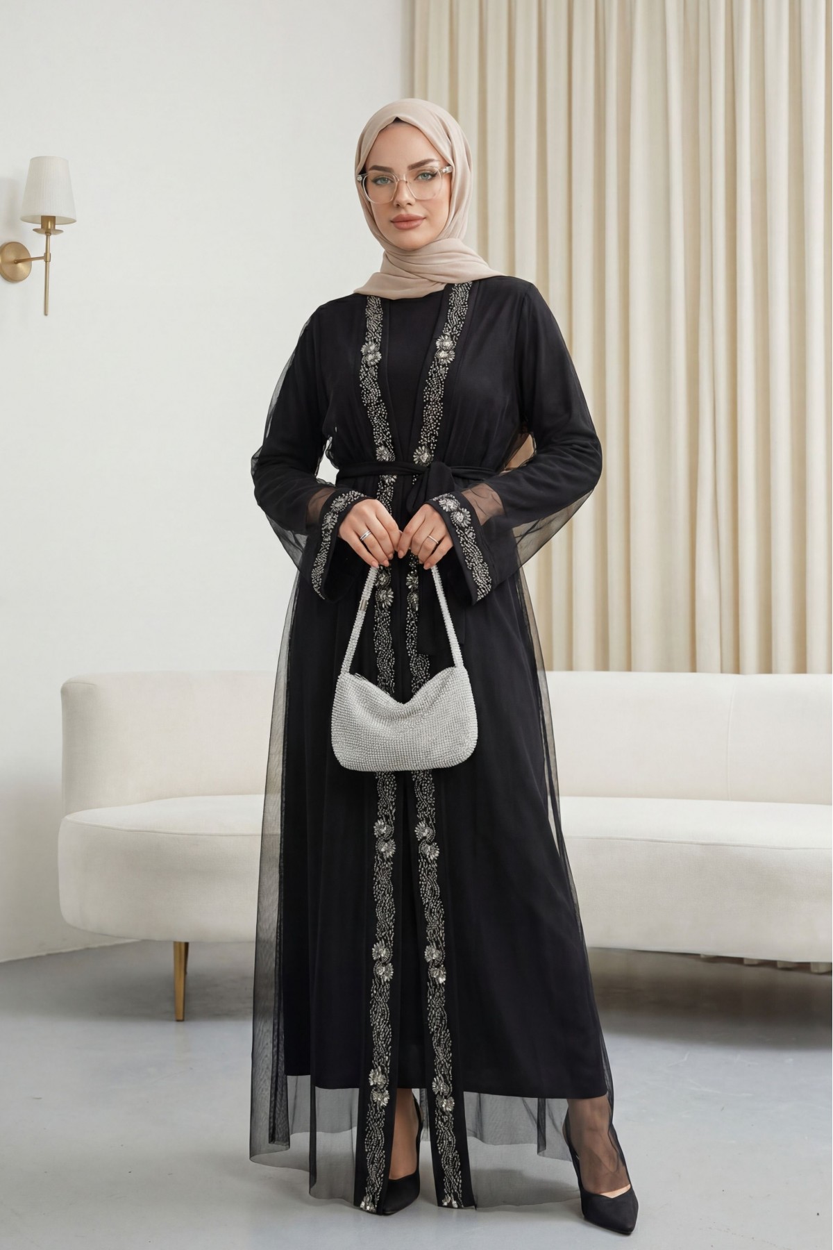 Double Abaya Set with Stone Embroidered Cuffs and Belt -Black