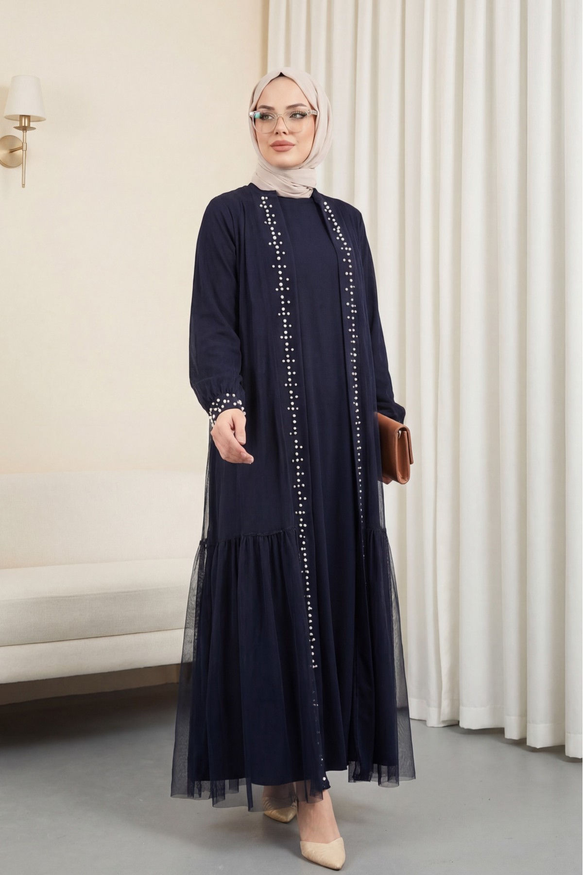 Önü Taş Ve İnci Detaylı Beli Bağcıklı İkili Abaya -Laci