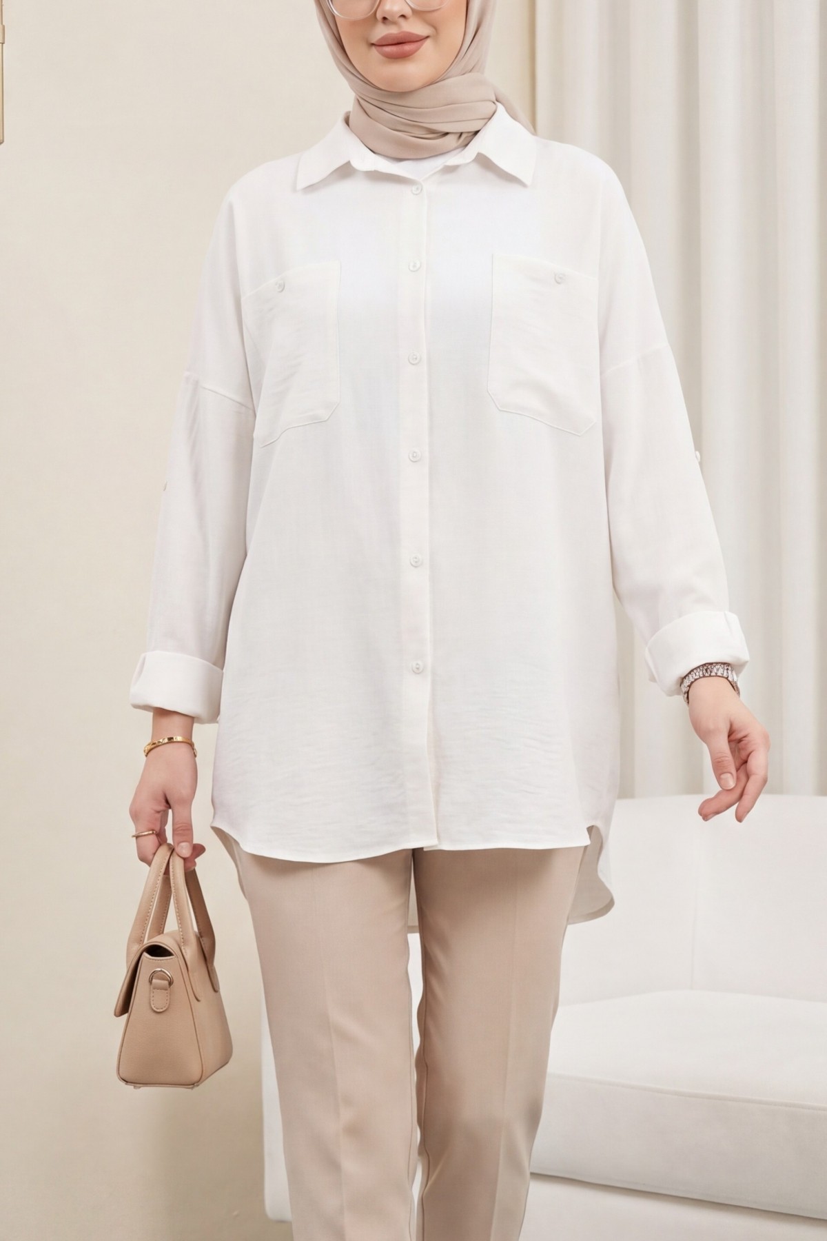 Double Pocket Oval Cut Folded Sleeve Shirt Tunic -White
