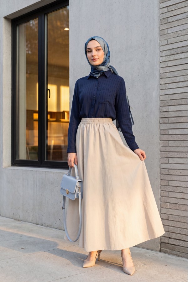 Long Back Linen Shirt with Foldable Sleeves and Single Pocket -Navy blue