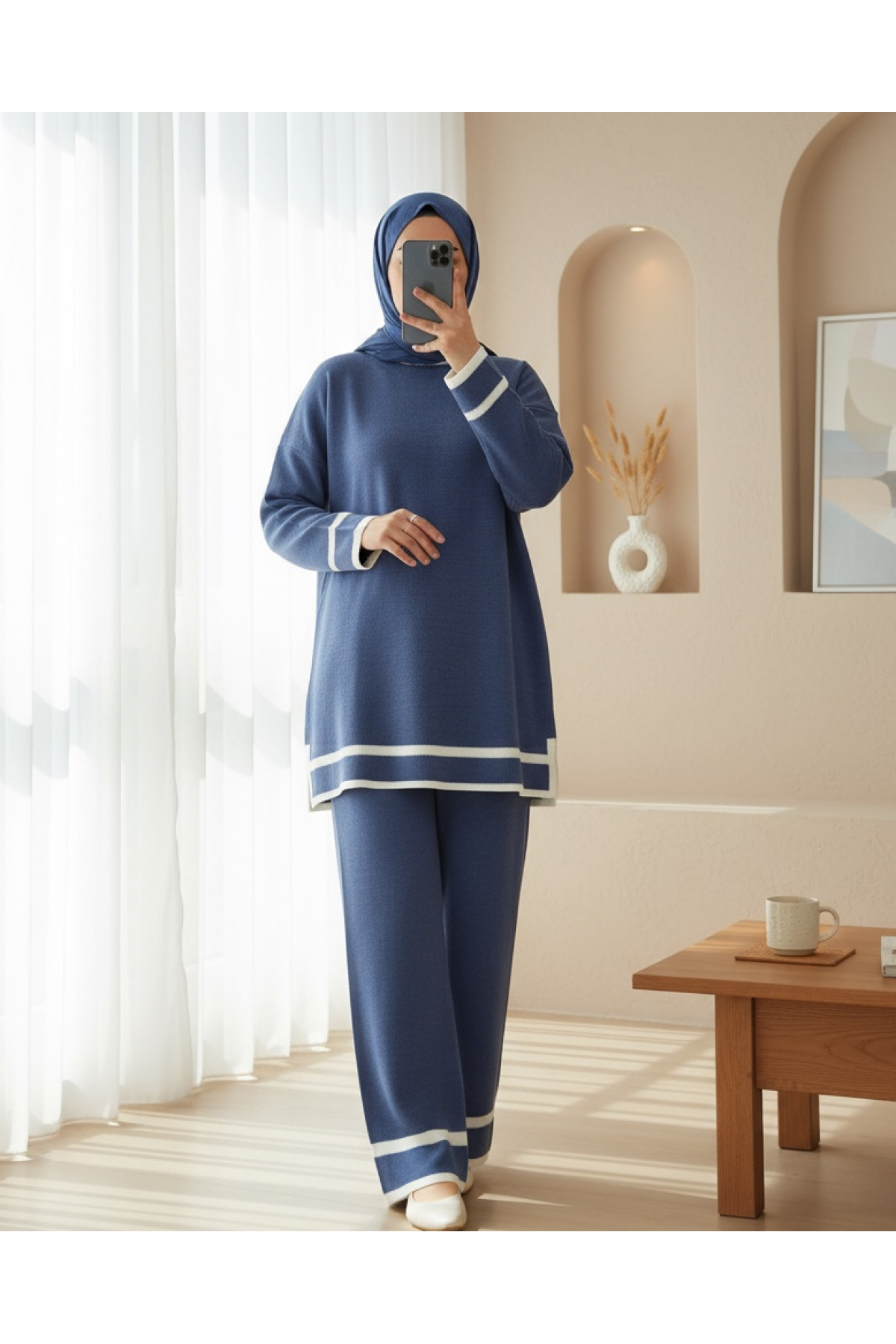 Double Knitwear Set with Striped Cuffs  -İndigo