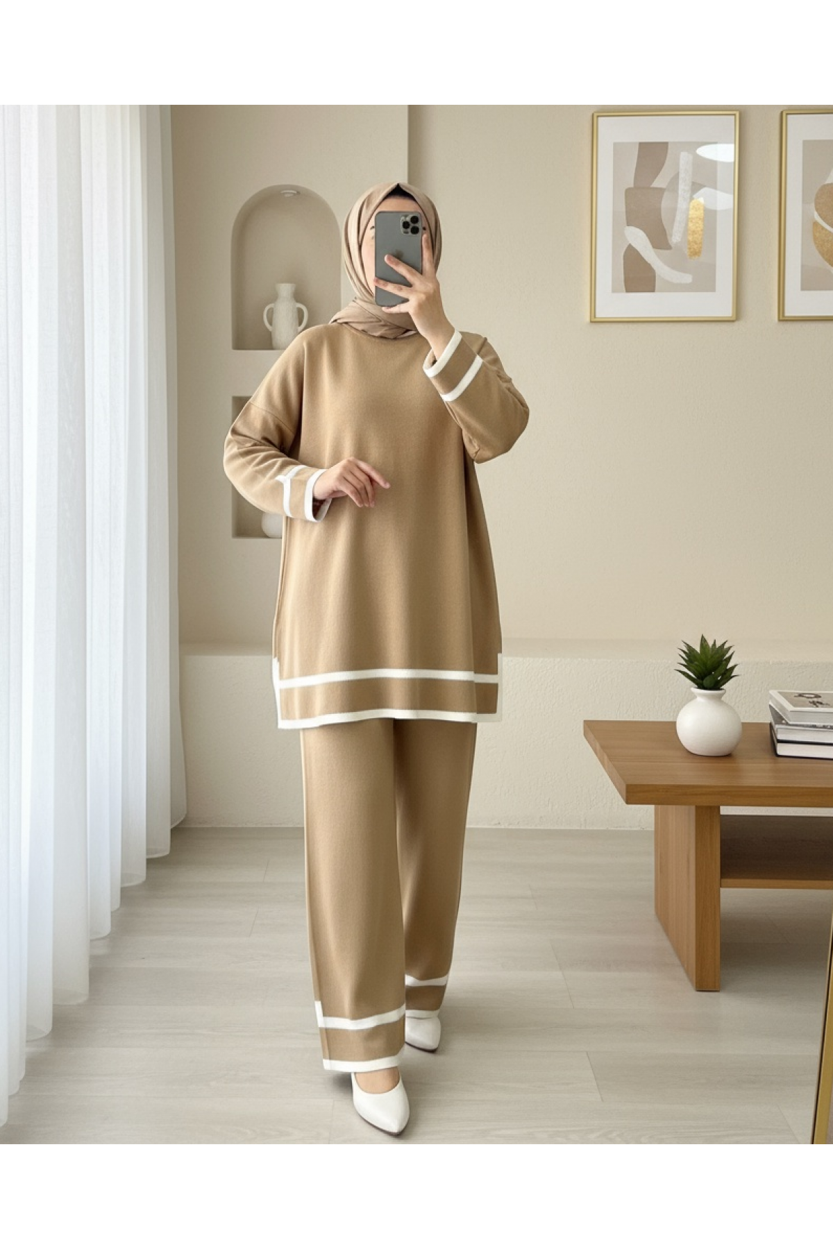 Double Knitwear Set with Striped Cuffs  -Snuff