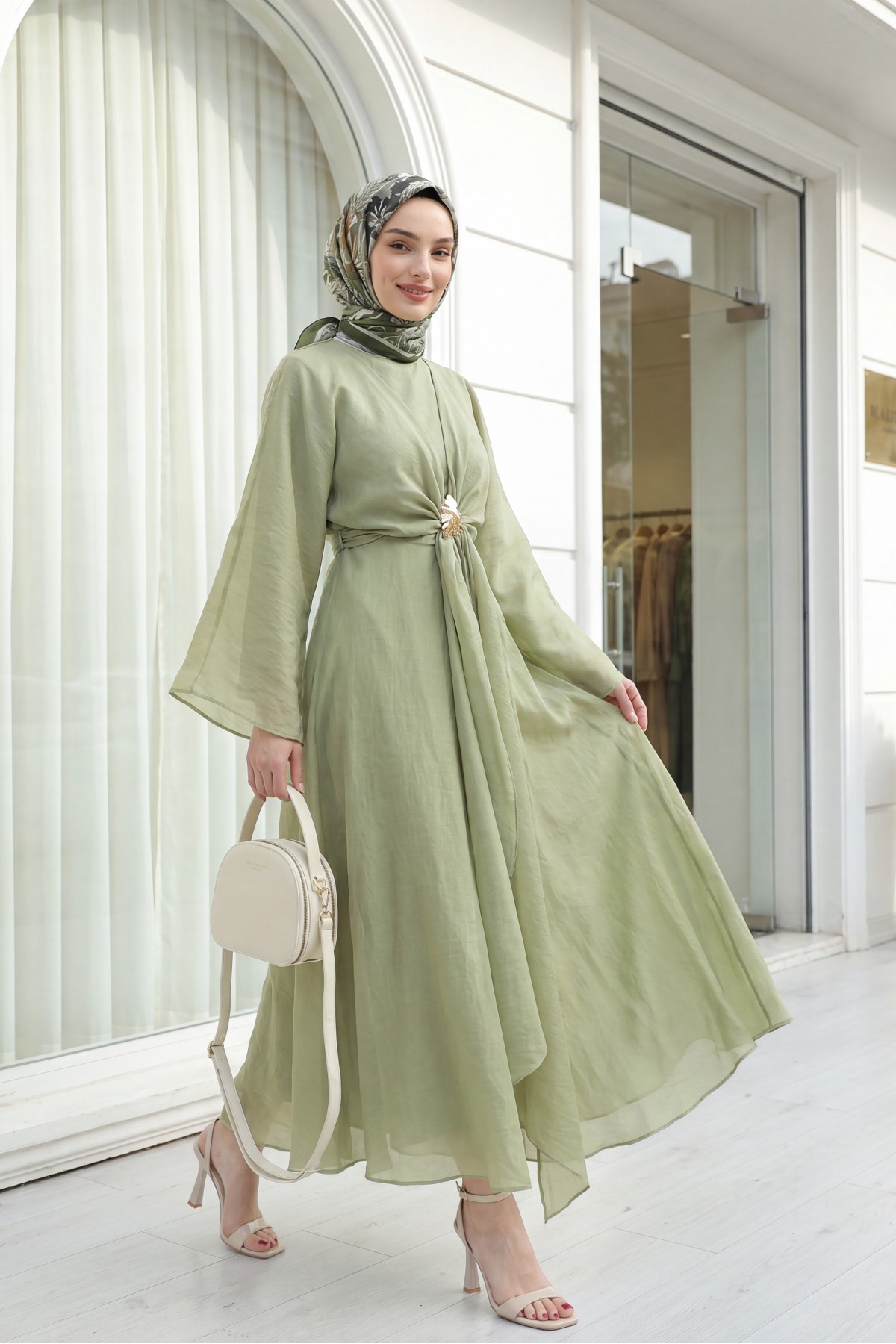 Long Tulle Modal Dress with Tie-Up Bolero and Lining -Cagla Green