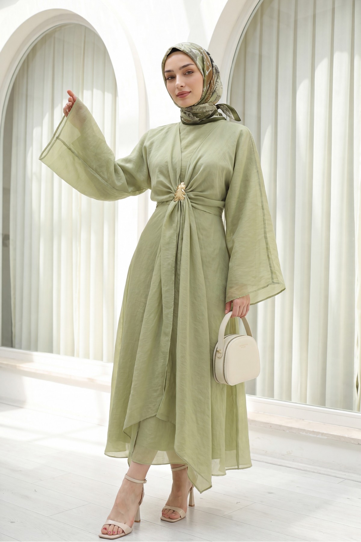 Long Tulle Modal Dress with Tie-Up Bolero and Lining -Cagla Green