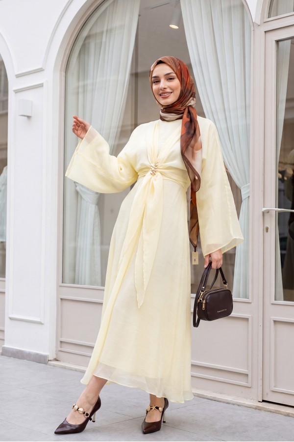 Bağlamalı Bolerolu Astarlı Uzun Tül Modal Elbise -Sarı
