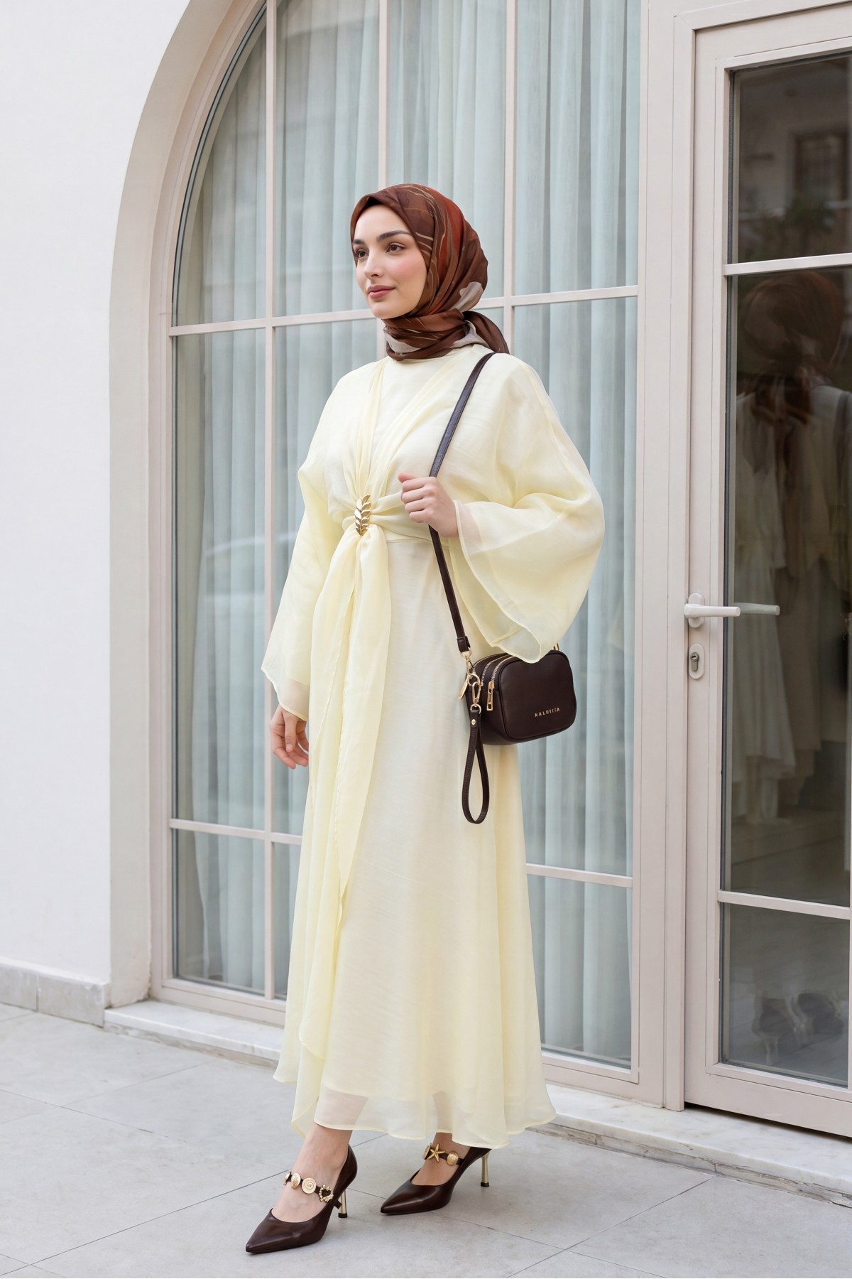 Long Tulle Modal Dress with Tie-Up Bolero and Lining -Yellow